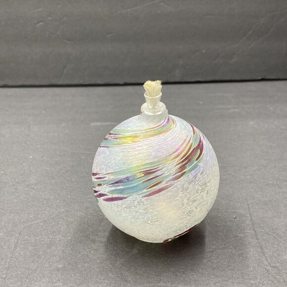 Art Glass Hand Blown Oil Lamp Round White Iridescent Green Pink Swirl w Wick - Picture 5 of 9